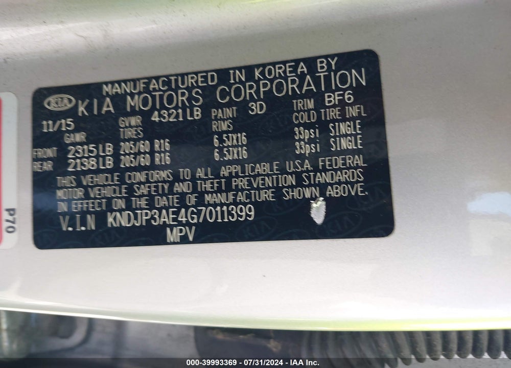 2016 KIA SOUL EV VIN: KNDJP3AE4G7011399
