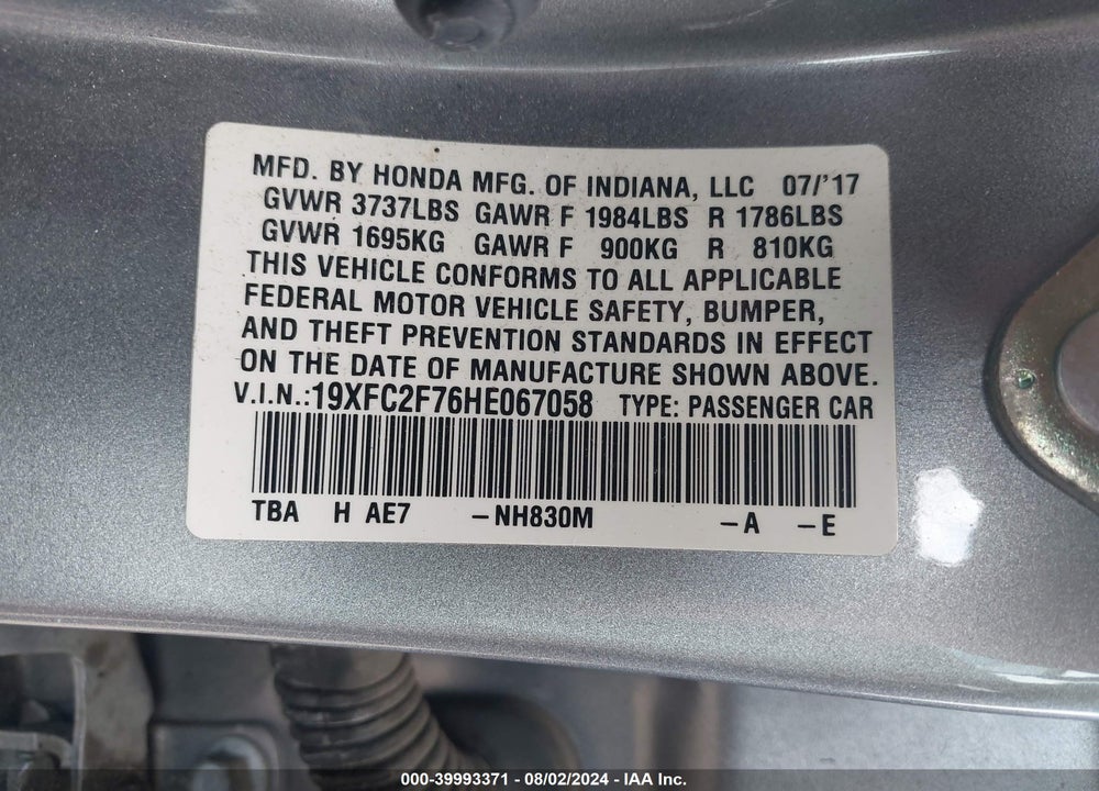 2017 HONDA CIVIC EX VIN: 19XFC2F76HE067058