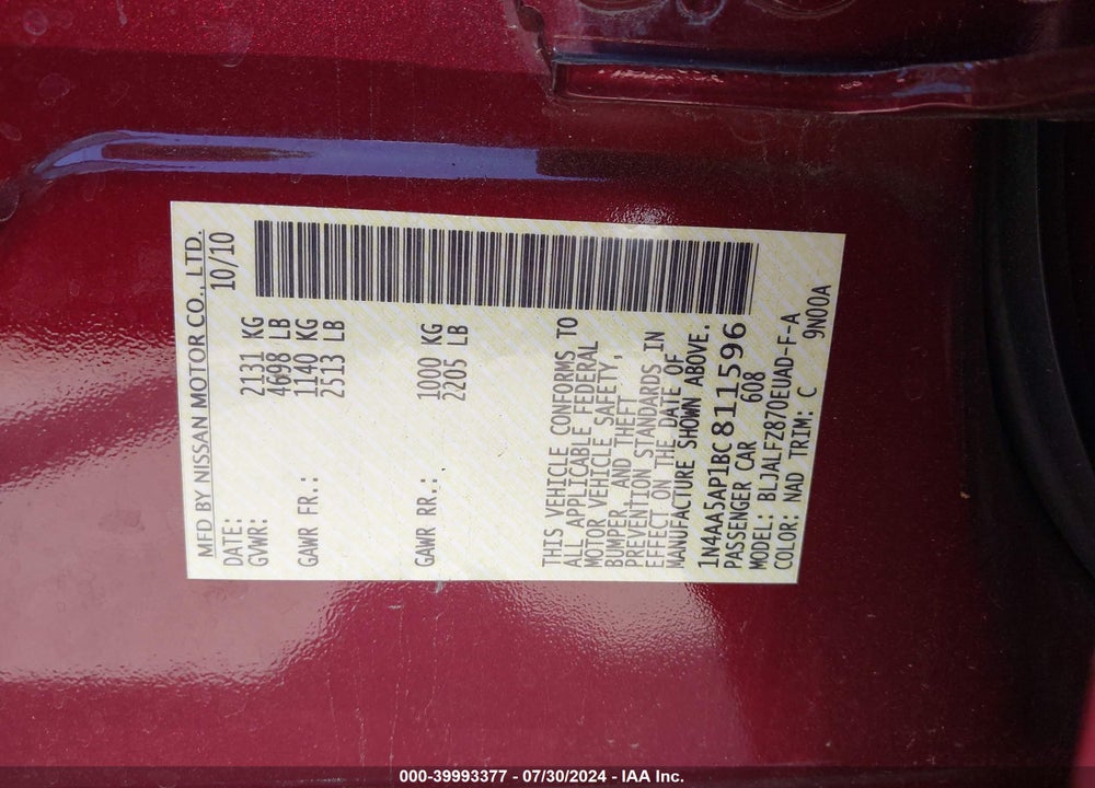 2011 NISSAN MAXIMA 3.5 SV VIN: 1N4AA5AP1BC811596