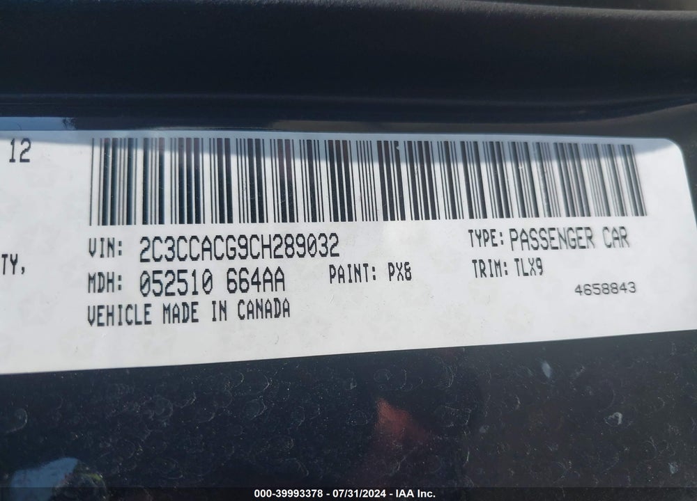 2012 CHRYSLER 300 LIMITED VIN: 2C3CCACG9CH289032