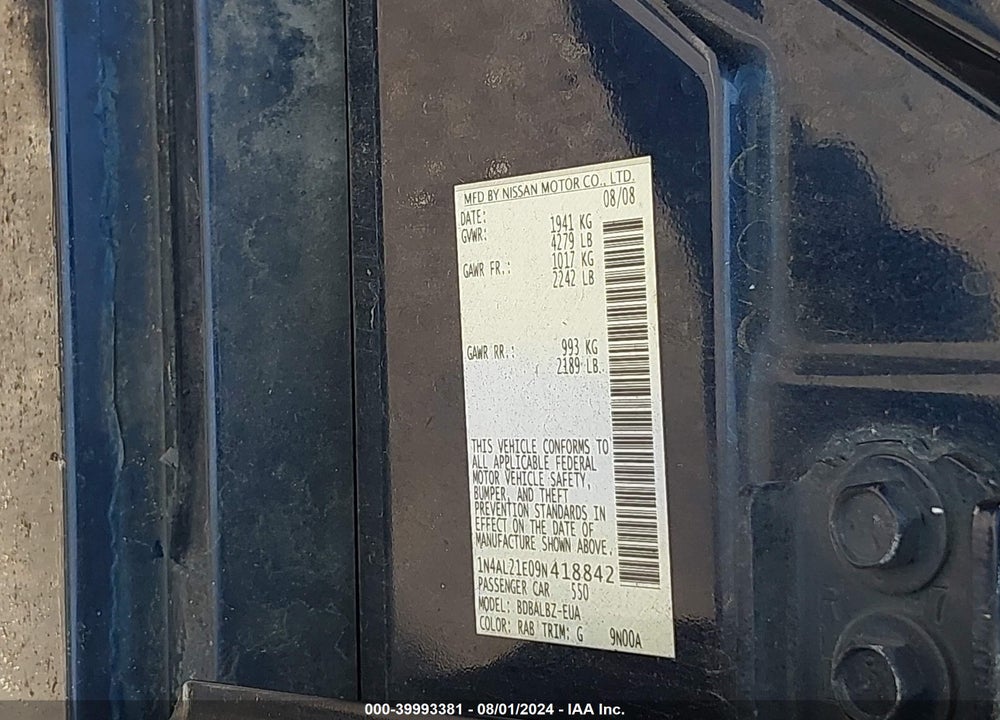 2009 NISSAN ALTIMA 2.5 S VIN: 1N4AL21E09N418842