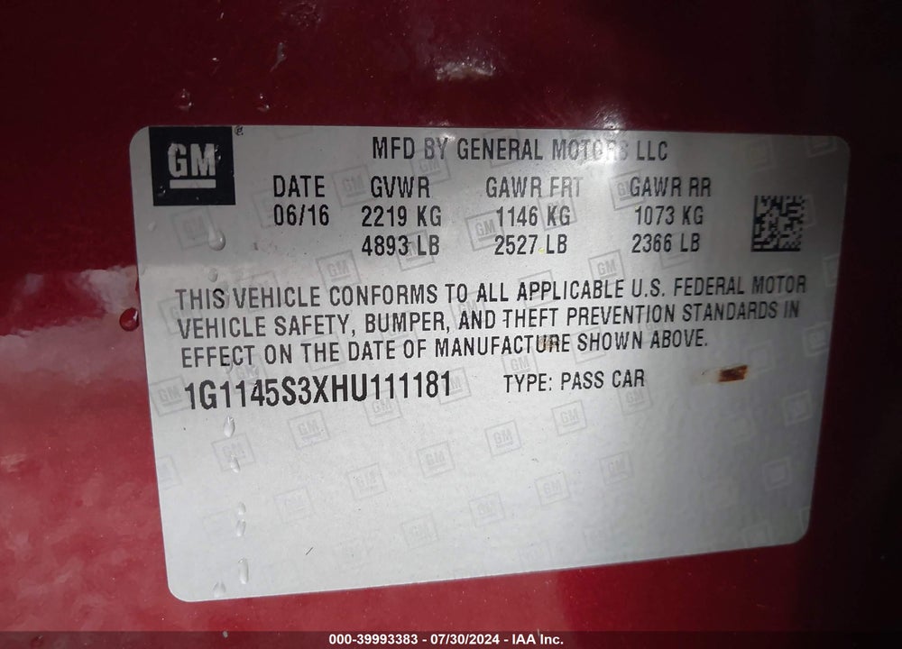 2017 CHEVROLET IMPALA 2LZ VIN: 1G1145S3XHU111181