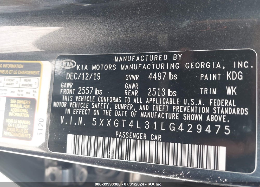 2020 KIA OPTIMA LX VIN: 5XXGT4L31LG429475