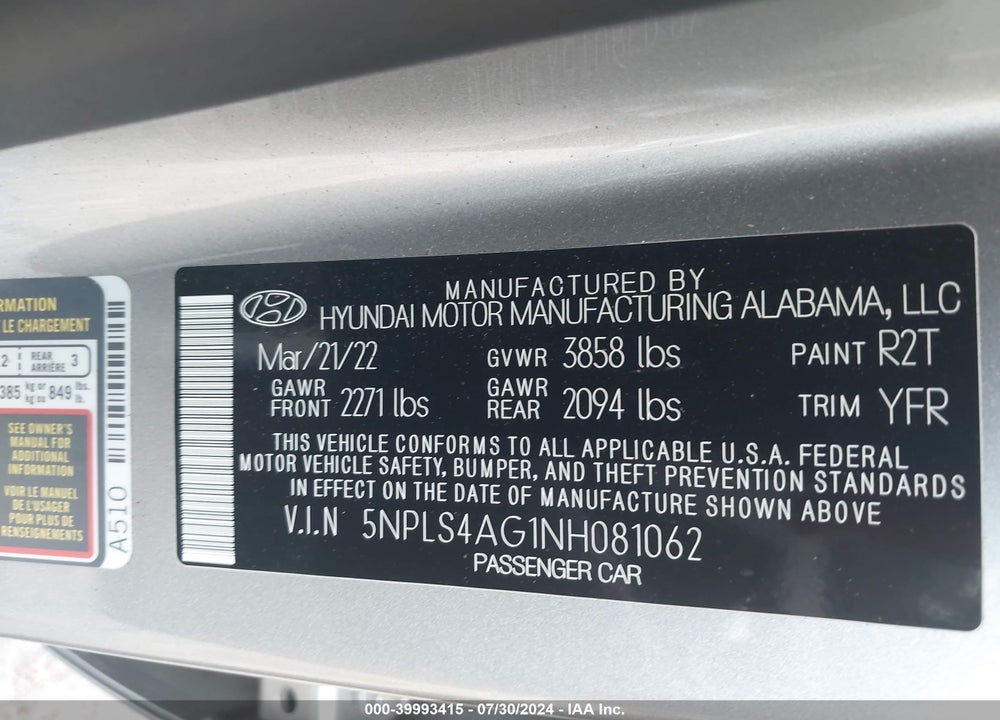 2022 HYUNDAI ELANTRA SEL VIN: 5NPLS4AG1NH081062