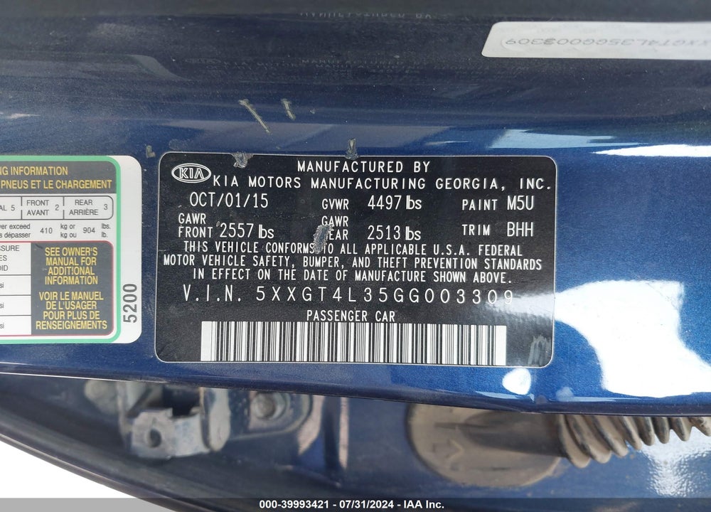 2016 KIA OPTIMA LX VIN: 5XXGT4L35GG003309