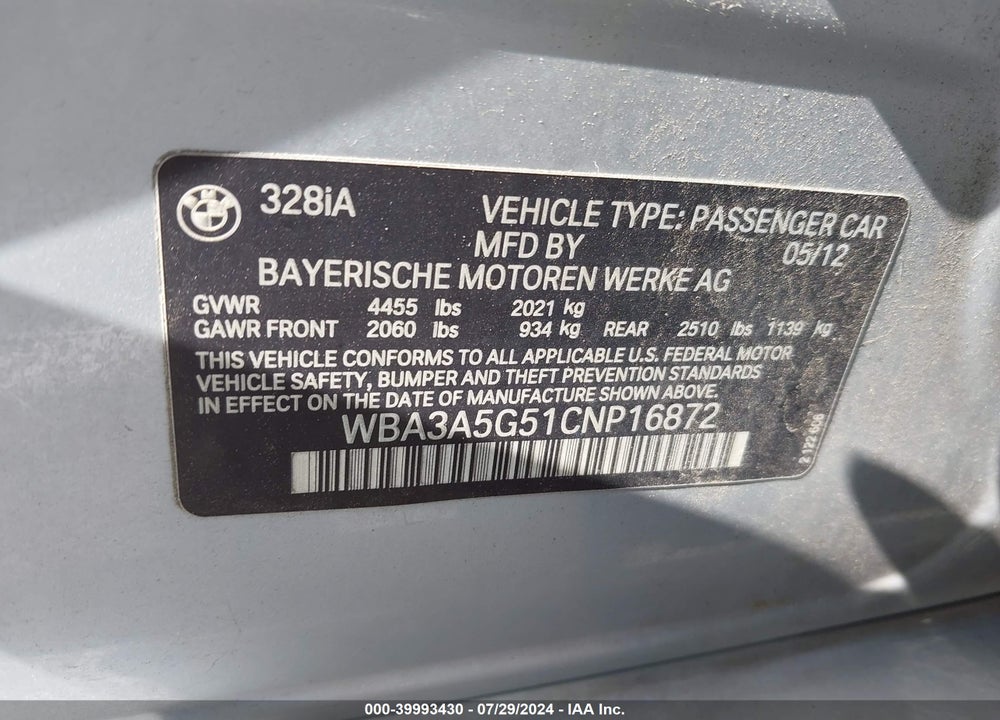 2012 BMW 328I VIN: WBA3A5G51CNP16872