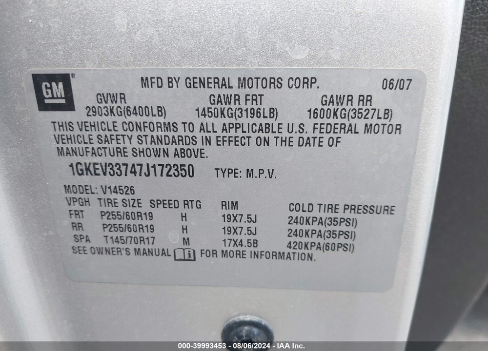 2007 GMC ACADIA SLT-1 VIN: 1GKEV33747J172350
