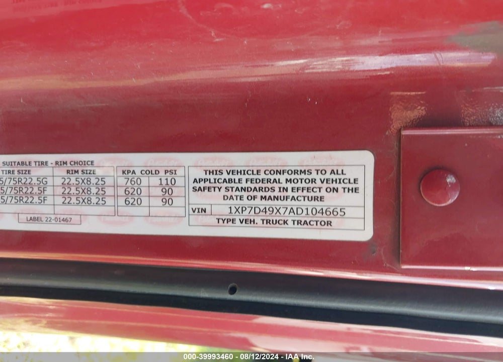 2010 PETERBILT 387 VIN: 1XP7D49X7AD104665