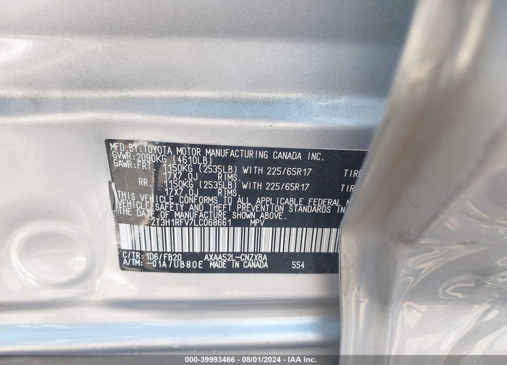 2020 TOYOTA RAV4 LE VIN: 2T3H1RFV7LC068661