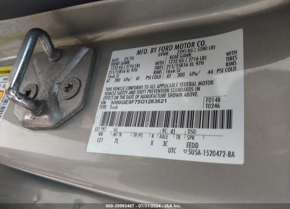 2016 FORD TRANSIT CONNECT XLT VIN: NM0GE9F75G1283621