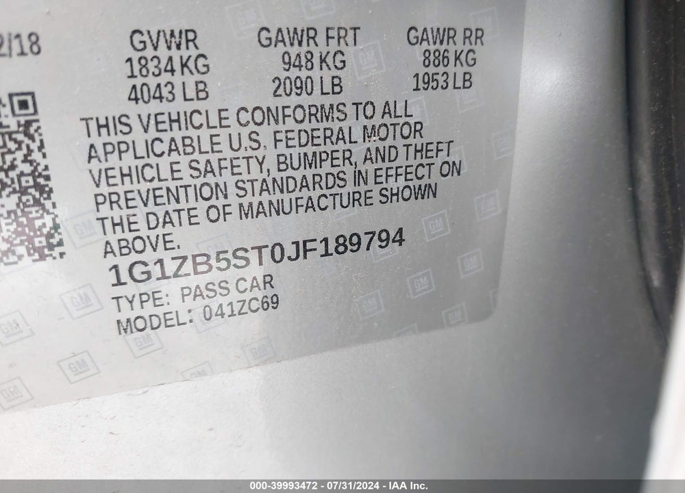 2018 CHEVROLET MALIBU 1LS VIN: 1G1ZB5ST0JF189794