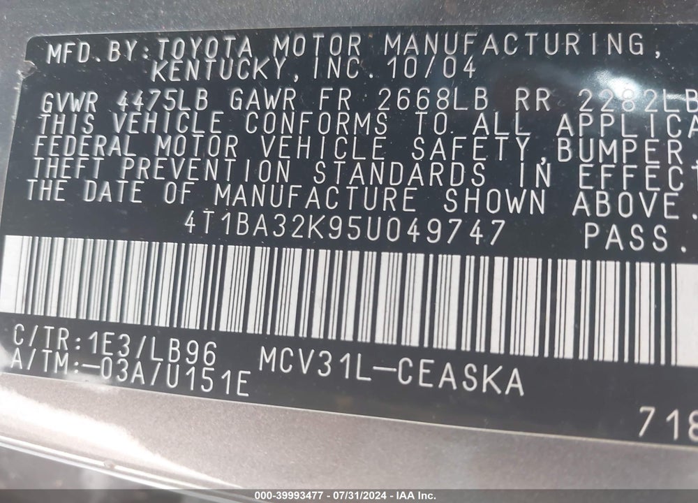2005 TOYOTA CAMRY SE V6 VIN: 4T1BA32K95U049747