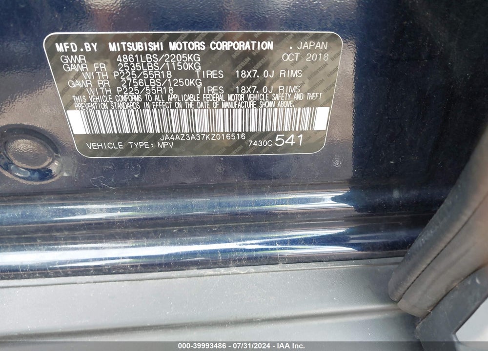 2019 MITSUBISHI OUTLANDER ES VIN: JA4AZ3A37KZ016516