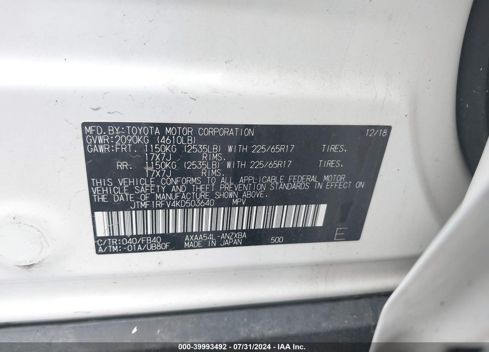 2019 TOYOTA RAV4 LE VIN: JTMF1RFV4KD503640