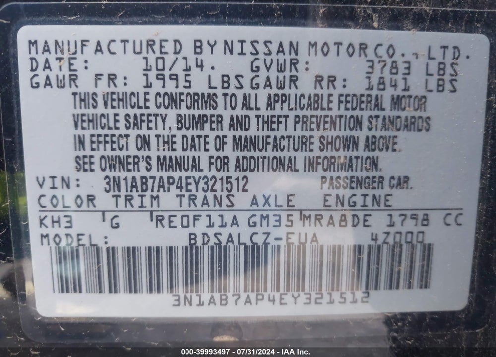 2014 NISSAN SENTRA S VIN: 3N1AB7AP4EY321512