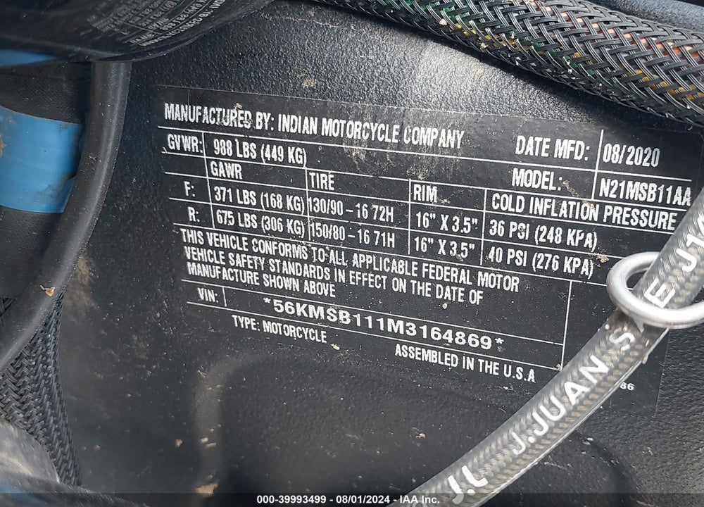 2021 INDIAN MOTORCYCLE CO. SCOUT SIXTY VIN: 56KMSB111M3164869