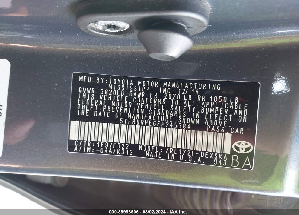 2015 TOYOTA COROLLA S PLUS VIN: 5YFBURHE6FP245384