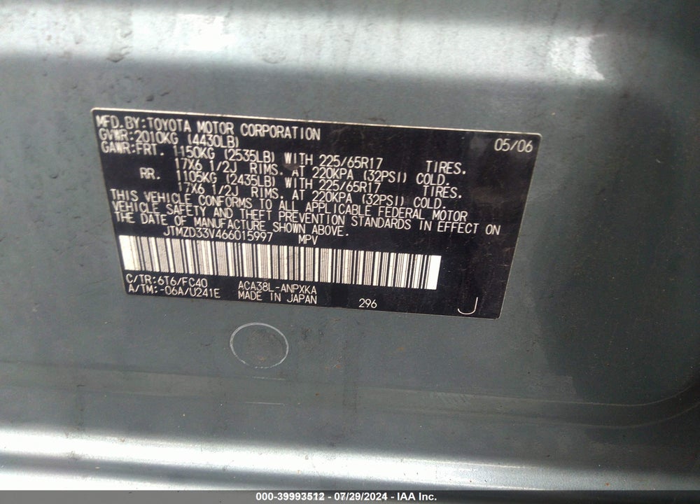 2006 TOYOTA RAV4 VIN: JTMZD33V466015997