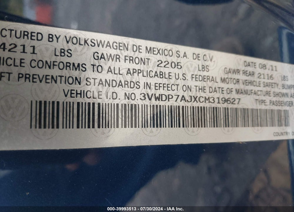 2012 VOLKSWAGEN JETTA VIN: 3VWDP7AJXCM319627