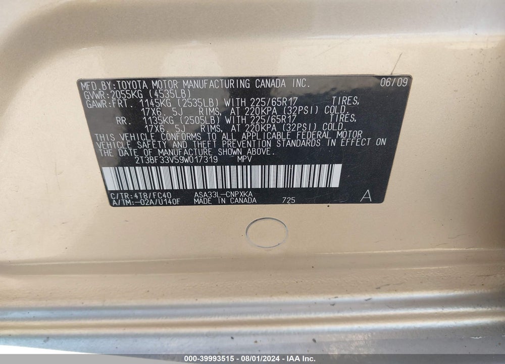 2009 TOYOTA RAV4 VIN: 2T3BF33V59W017319
