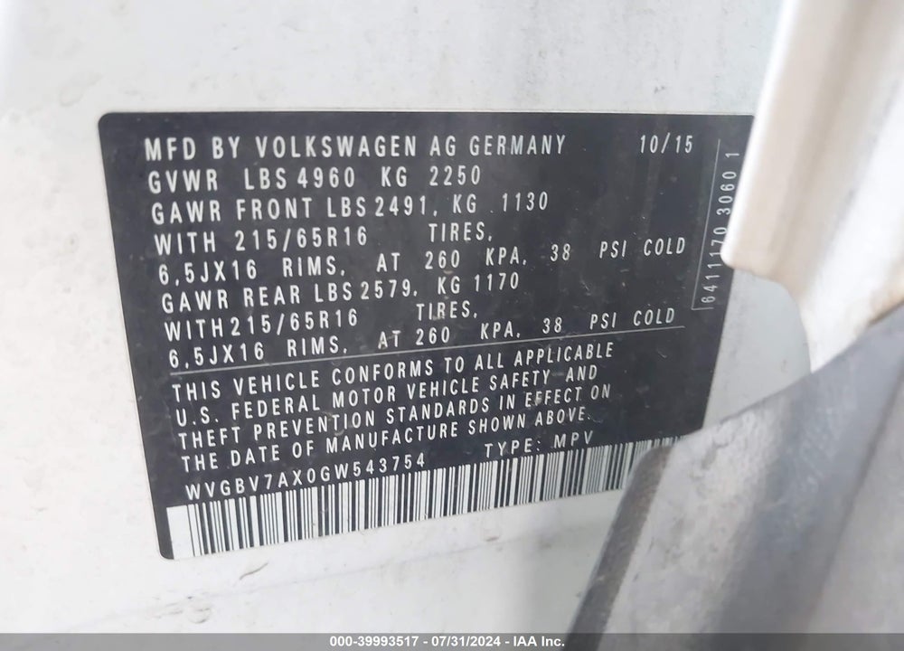 2016 VOLKSWAGEN TIGUAN S VIN: WVGBV7AX0GW543754