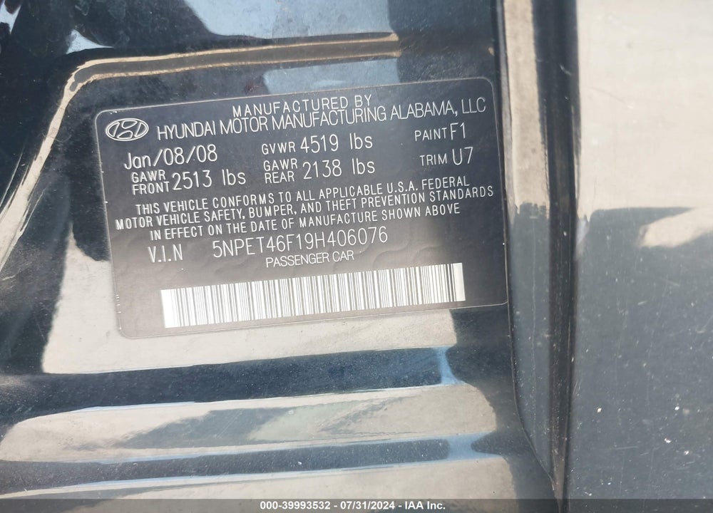 2009 HYUNDAI SONATA GLS V6 VIN: 5NPET46F19H406076