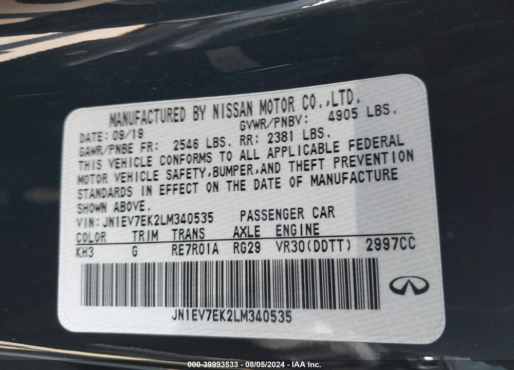 2020 INFINITI Q60 LUXE VIN: JN1EV7EK2LM340535