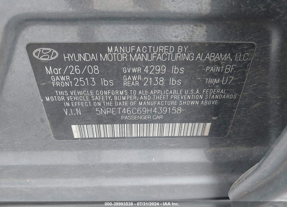 2009 HYUNDAI SONATA GLS VIN: 5NPET46C69H439158