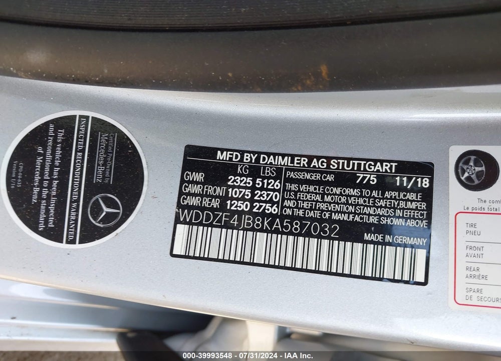 2019 MERCEDES-BENZ E 300 VIN: WDDZF4JB8KA587032