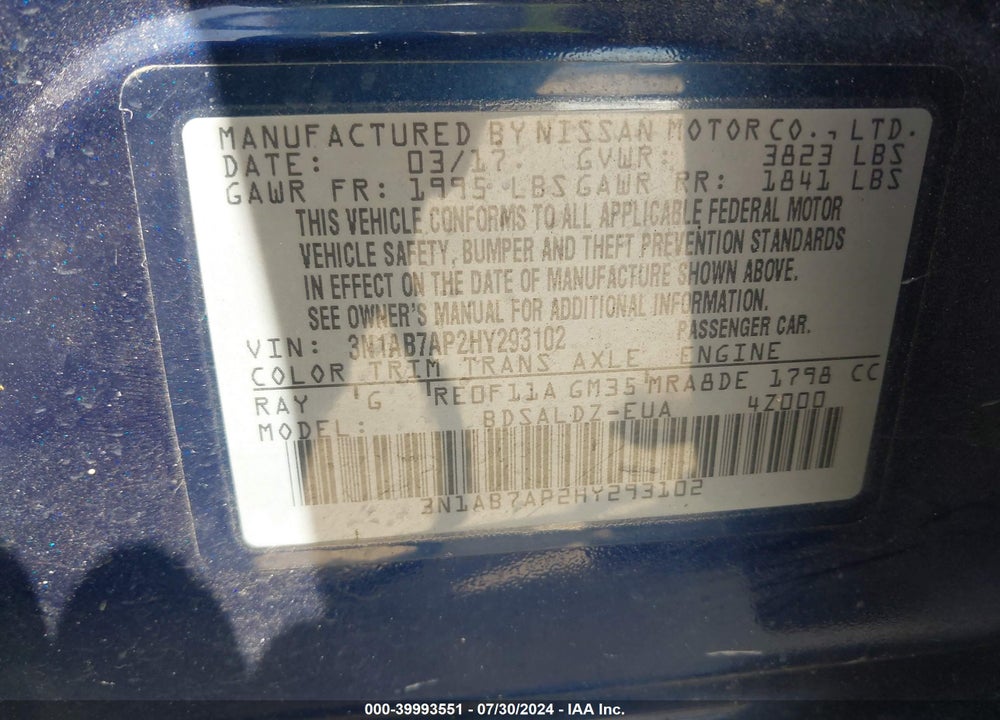 2017 NISSAN SENTRA SV VIN: 3N1AB7AP2HY293102