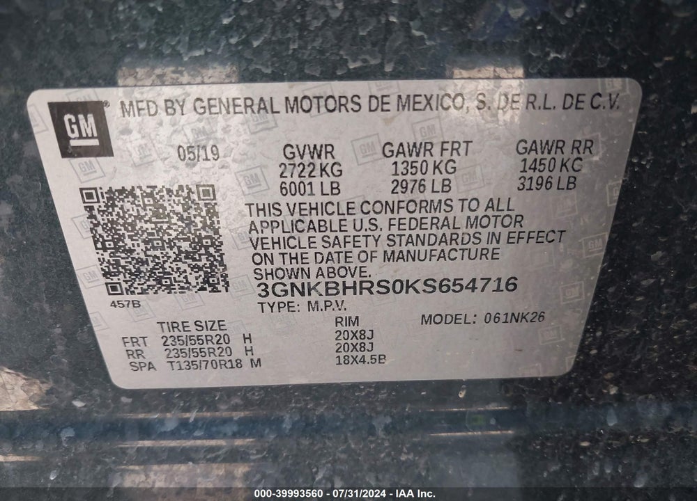 2019 CHEVROLET BLAZER VIN: 3GNKBHRS0KS654716
