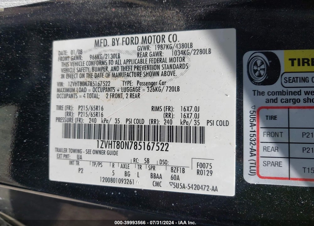 2008 FORD MUSTANG V6 DELUXE/V6 PREMIUM VIN: 1ZVHT80N785167522