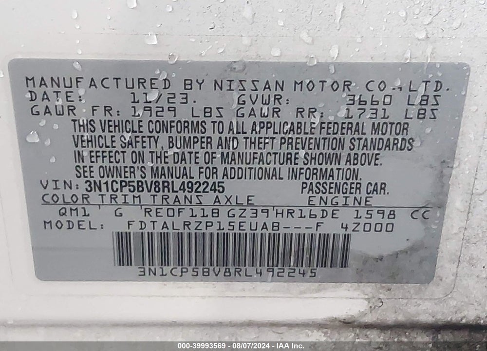 2024 NISSAN KICKS S XTRONIC CVT VIN: 3N1CP5BV8RL492245