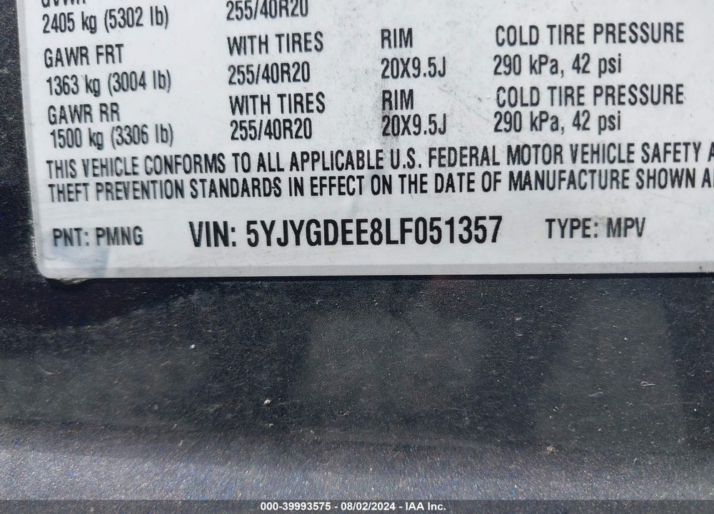 2020 TESLA MODEL Y LONG RANGE DUAL MOTOR ALL-WHEEL DRIVE VIN: 5YJYGDEE8LF051357