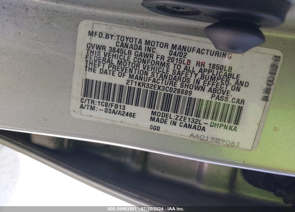 2003 TOYOTA MATRIX/XR VIN: 2T1KR32EX3C028889