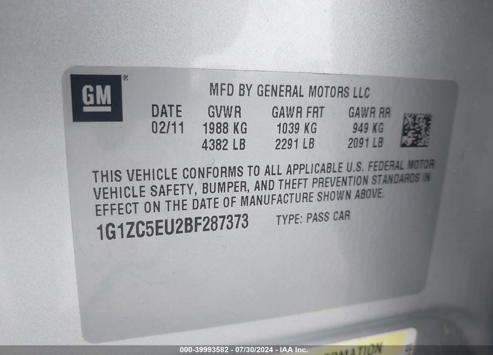 2011 CHEVROLET MALIBU 1LT VIN: 1G1ZC5EU2BF287373