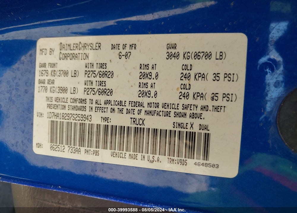 2007 DODGE RAM 1500 SLT VIN: 1D7HA18297S259943