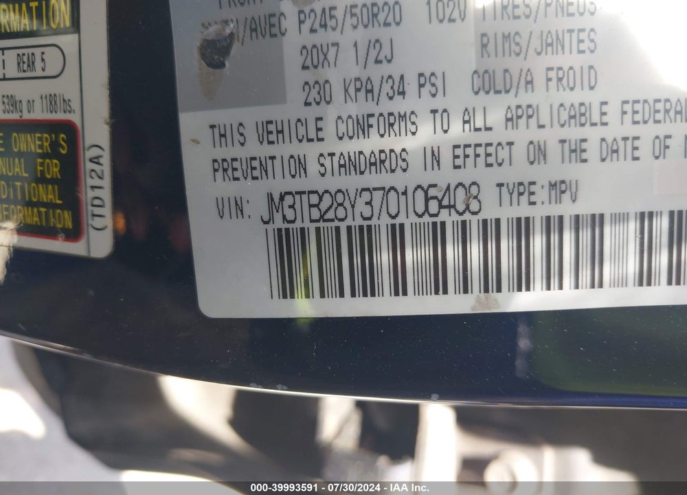 2007 MAZDA CX-9 GRAND TOURING VIN: JM3TB28Y370106408