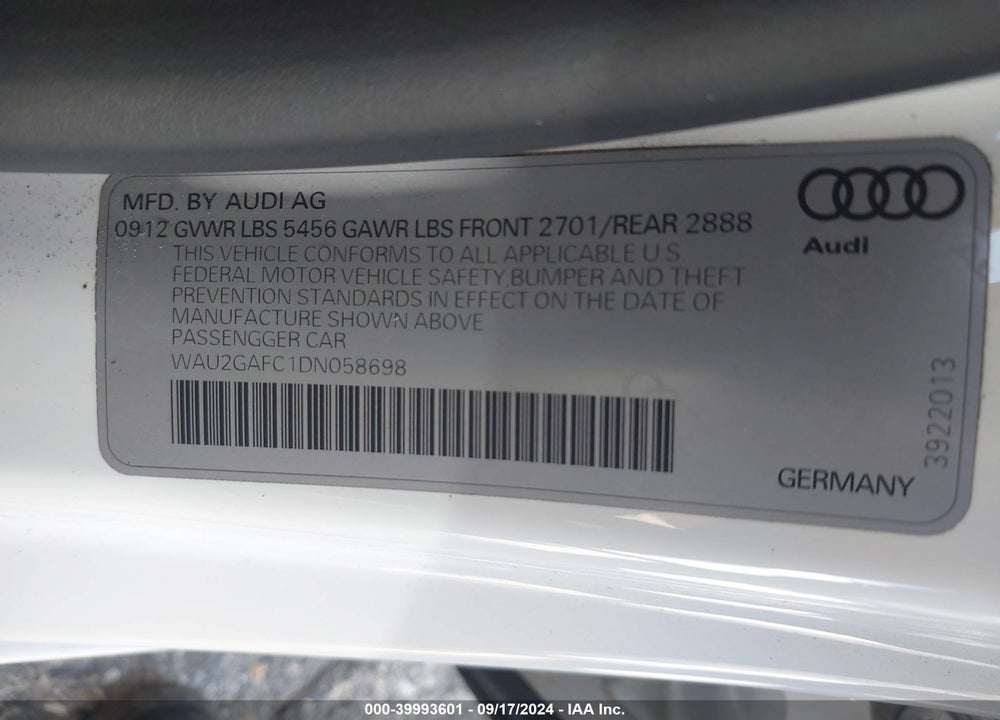 2013 AUDI A7 3.0T PREMIUM VIN: WAU2GAFC1DN058698
