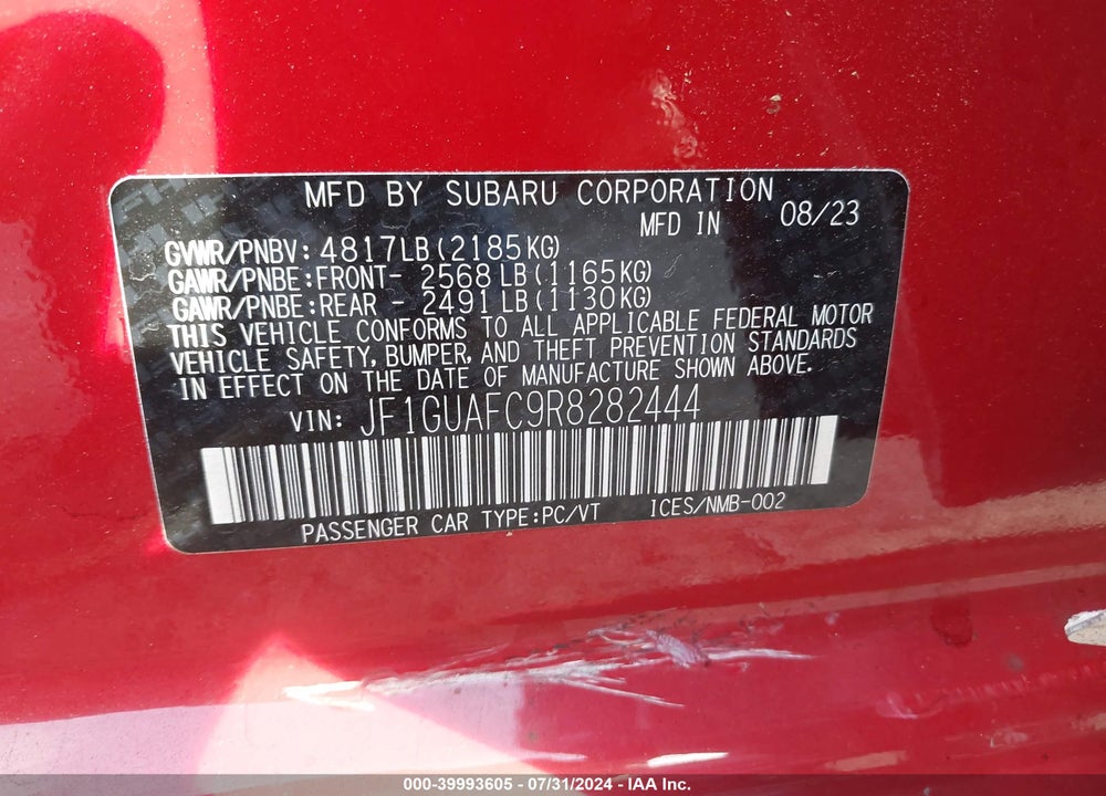 2024 SUBARU IMPREZA SPORT 5-DOOR VIN: JF1GUAFC9R8282444