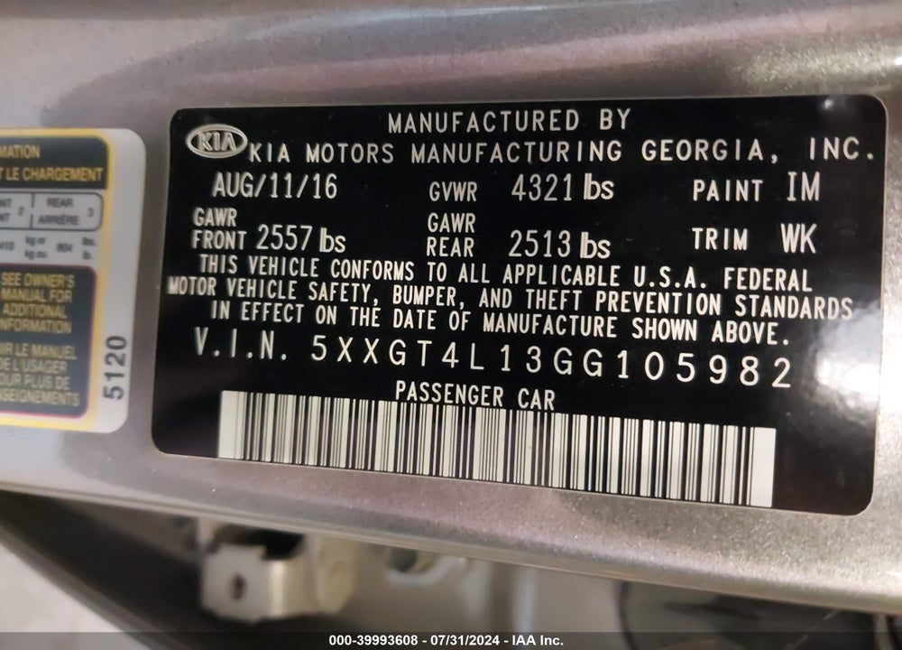 2016 KIA OPTIMA LX TURBO VIN: 5XXGT4L13GG105982