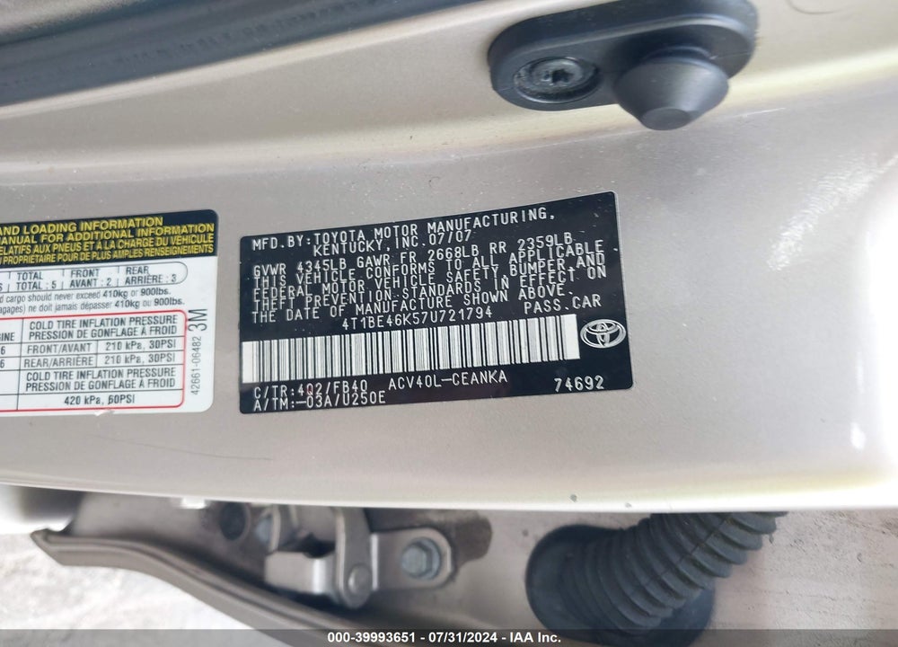 2007 TOYOTA CAMRY CE VIN: 4T1BE46K57U721794