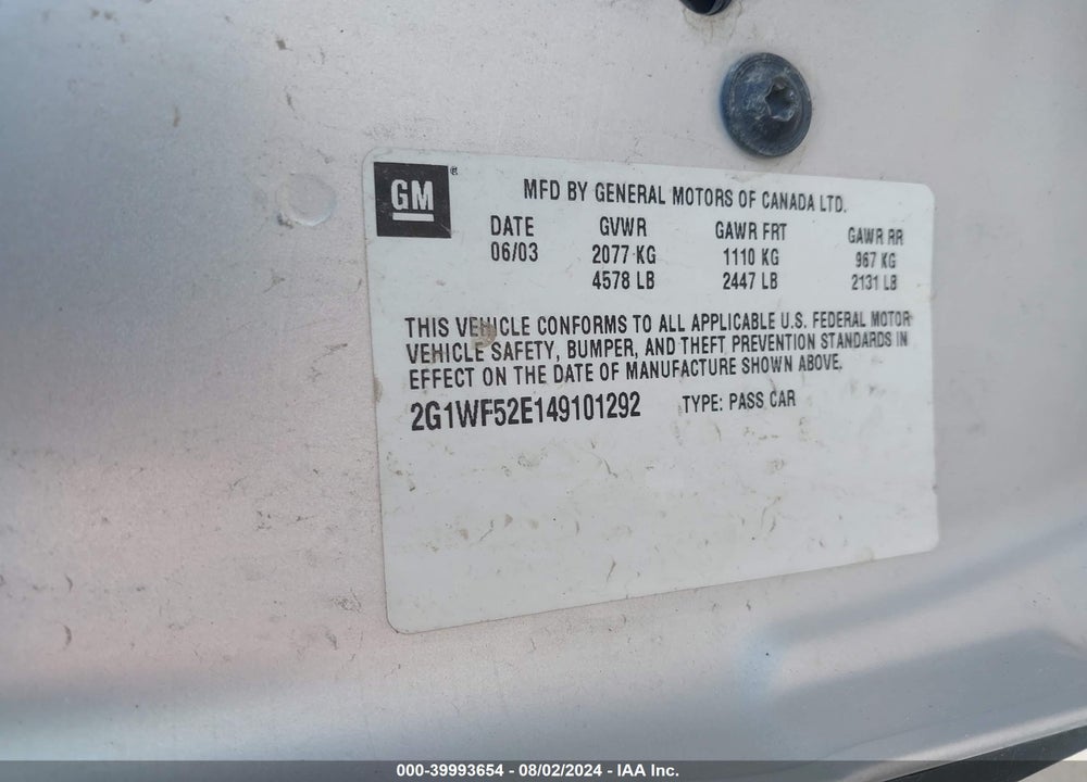 2004 CHEVROLET IMPALA VIN: 2G1WF52E149101292