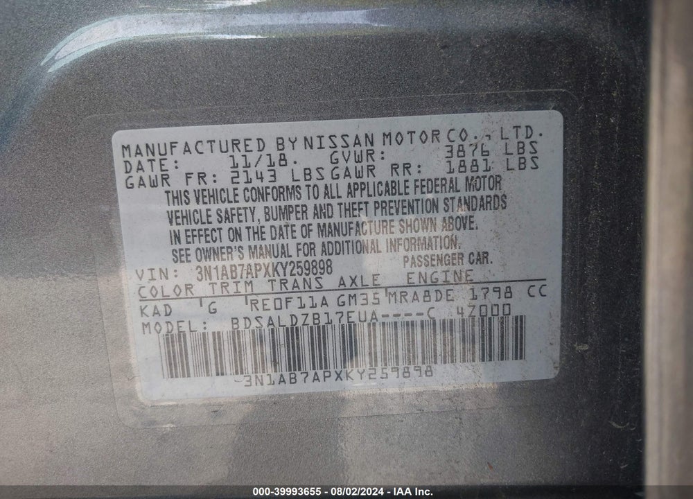2019 NISSAN SENTRA SV VIN: 3N1AB7APXKY259898