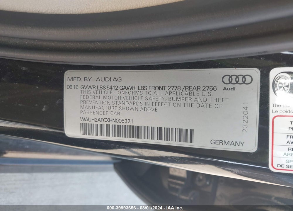 2017 AUDI A6 3.0T PREMIUM PLUS VIN: WAUH2AFCXHN005321