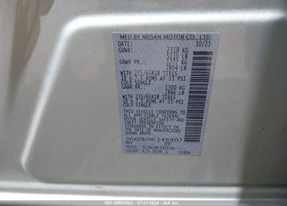 2021 NISSAN MURANO SV FWD VIN: 5N1AZ2BJ5MC146907