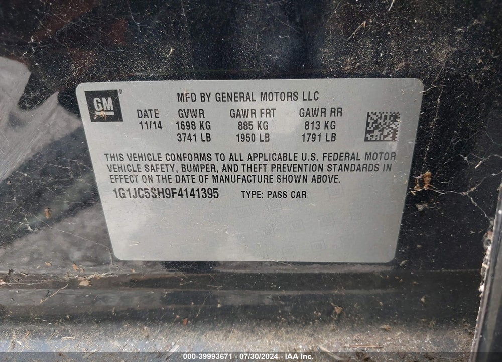 2015 CHEVROLET SONIC LT AUTO VIN: 1G1JC5SH9F4141395