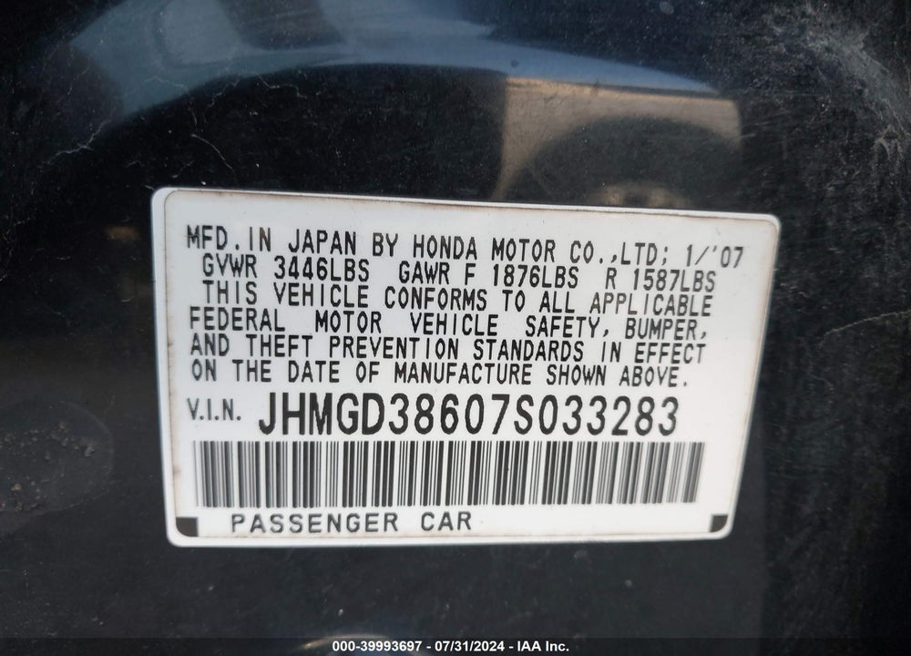 2007 HONDA FIT SPORT VIN: JHMGD38607S033283