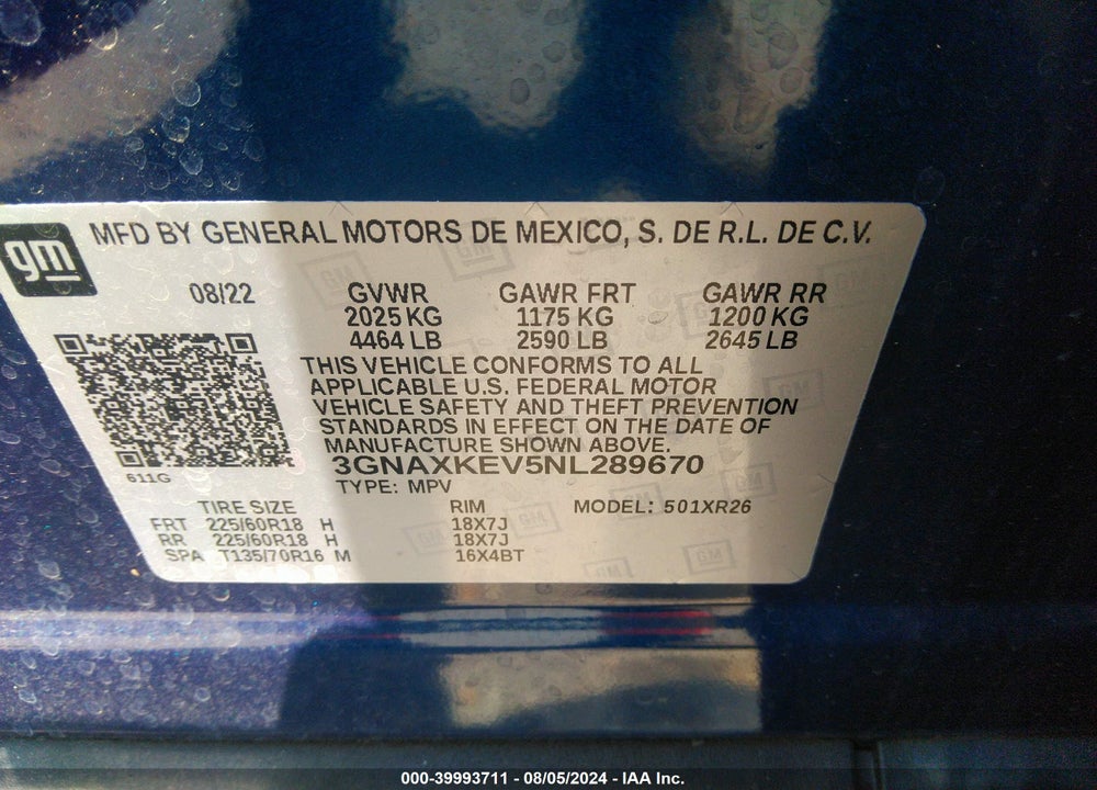 2022 CHEVROLET EQUINOX FWD LT VIN: 3GNAXKEV5NL289670