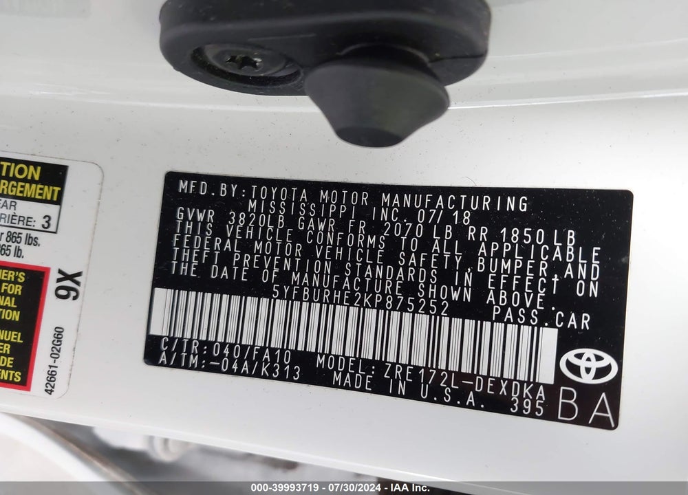 2019 TOYOTA COROLLA L VIN: 5YFBURHE2KP875252